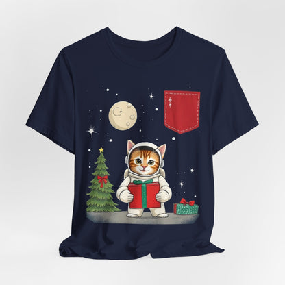 Christmas Cat Faux Pocket — Cute Holiday Cat Holding Gift Night Sky T-Shirt