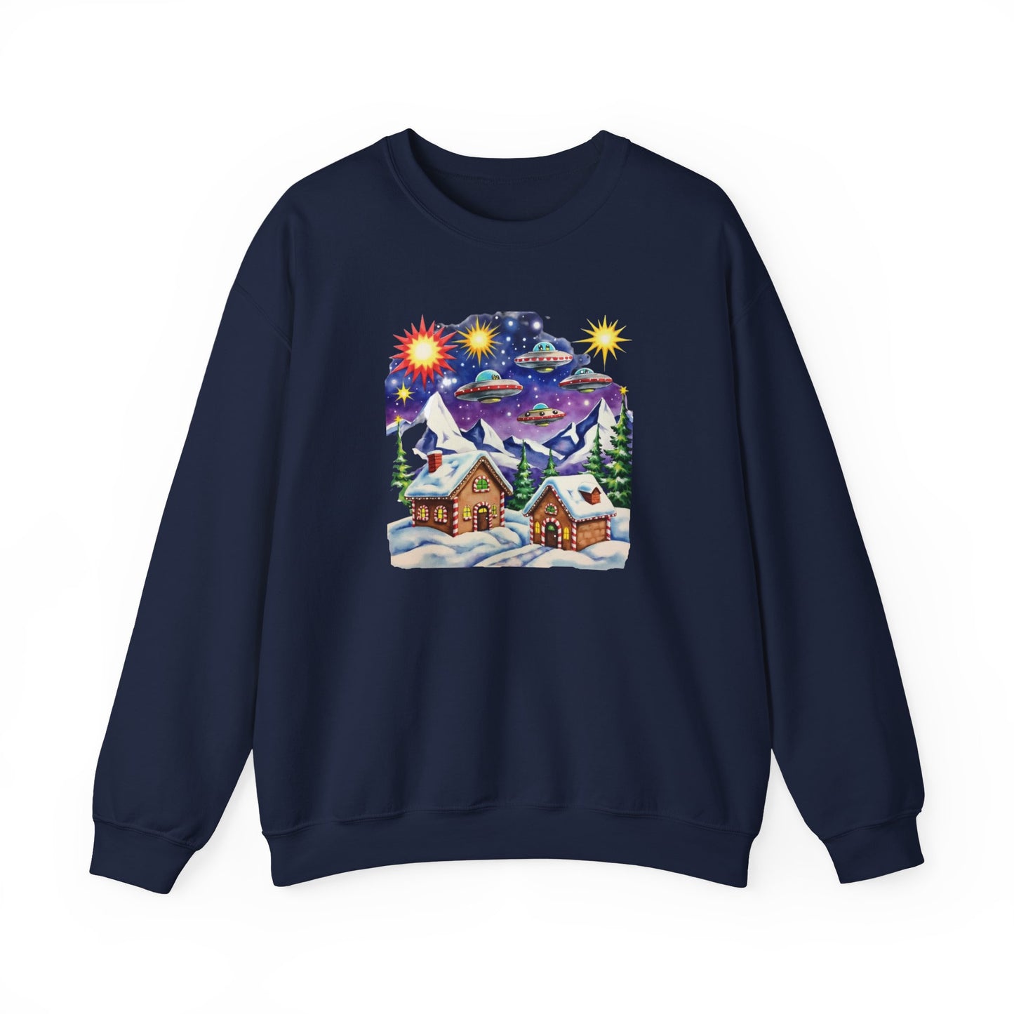 Crewneck Sweatshirt — Cozy Winter Cabin with UFO Nightscape