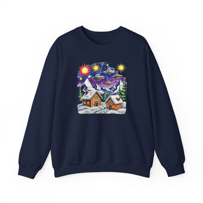 Crewneck Sweatshirt — Cozy Winter Cabin with UFO Nightscape