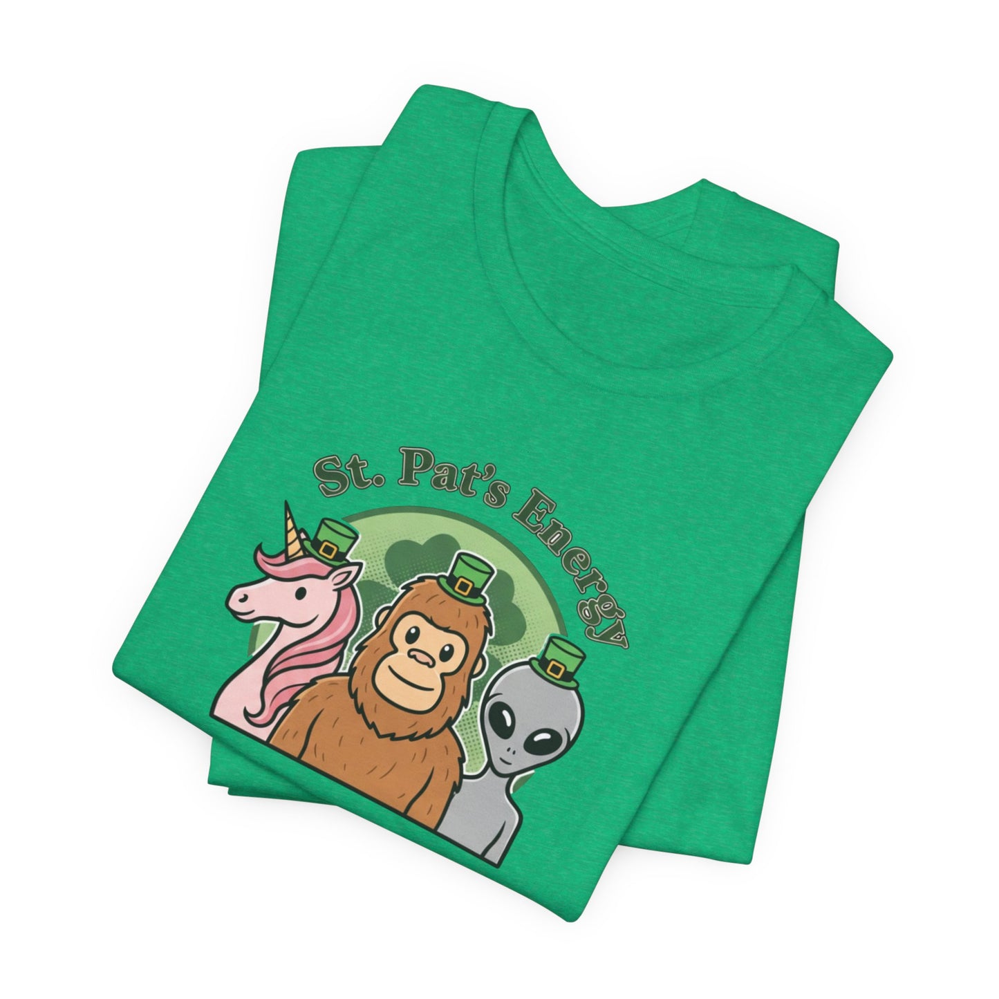 St. Pat’s Energy T‑Shirt — Unicorn, Bigfoot & Alien St. Patrick’s Day Tee
