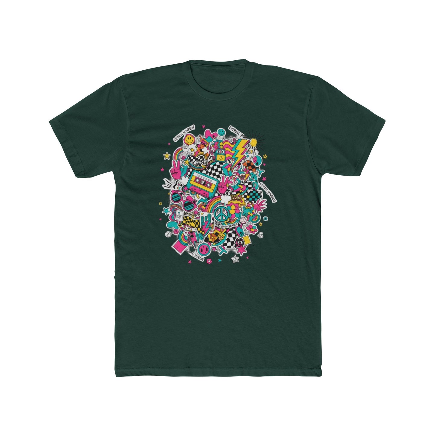 Retro 80’s Doodle Tee — Colorful Nostalgic Cassette & Arcade Graphic T-Shirt