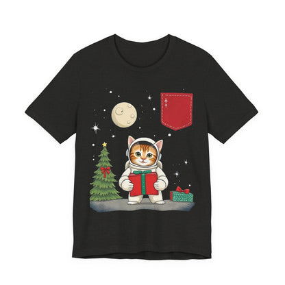 Christmas Cat Faux Pocket — Cute Holiday Cat Holding Gift Night Sky T-Shirt