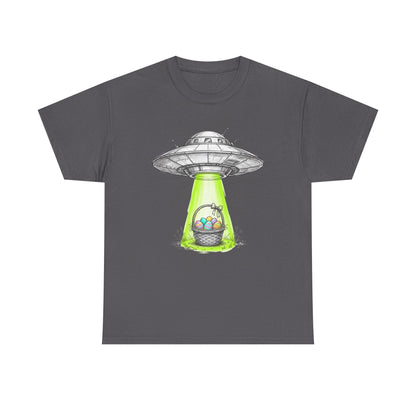 Easter UFO Abduction T-Shirt — Alien Spaceship Beaming Up Easter Basket