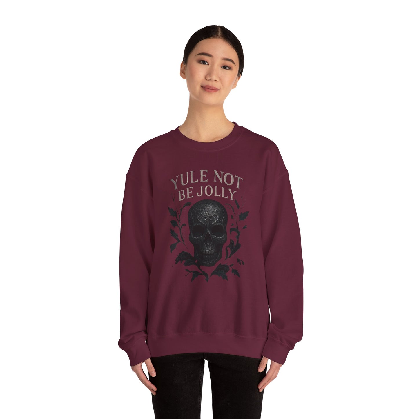 Holiday Crewneck Sweatshirt — “Yule Not Be Jolly” Skull Christmas Sweater
