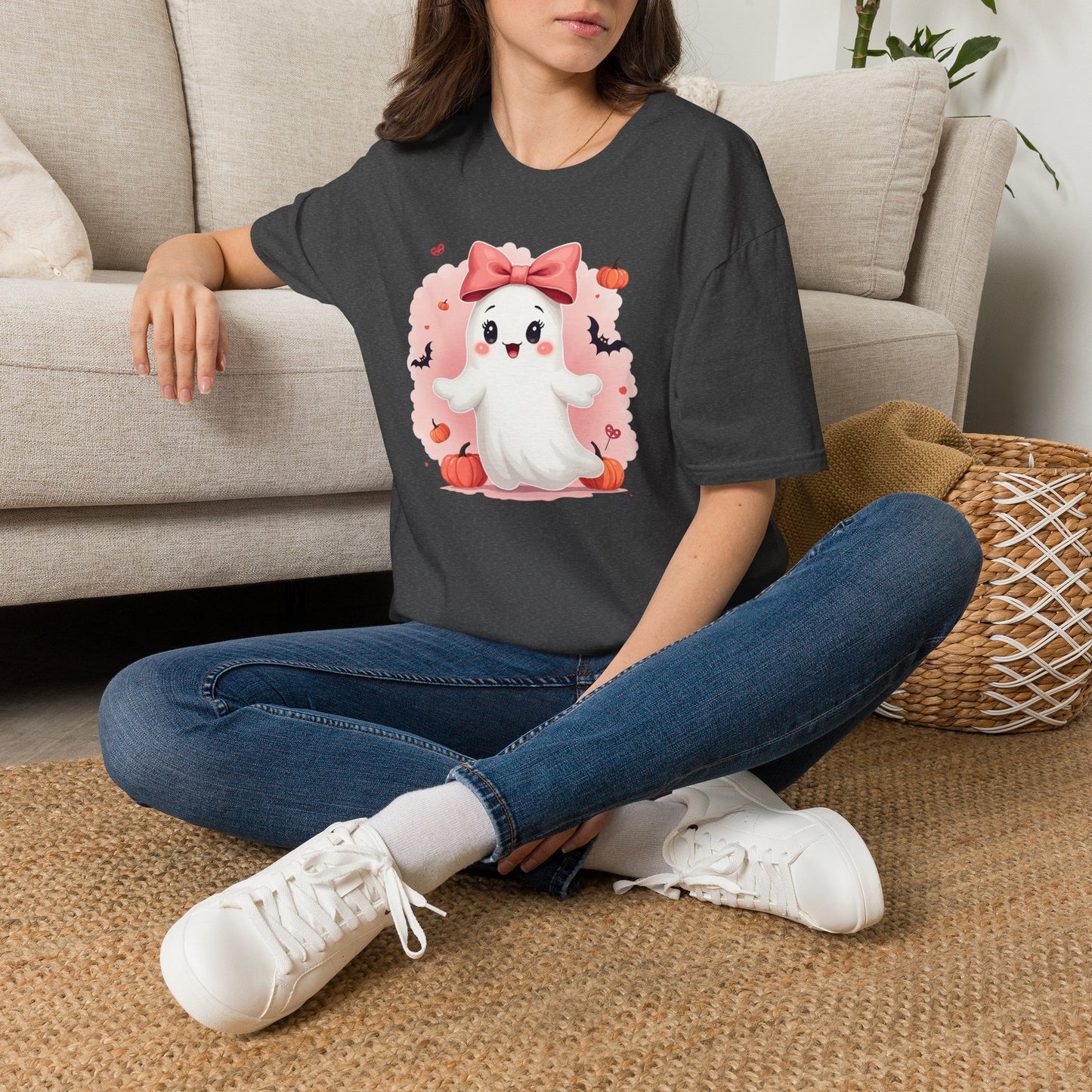 Cute Halloween Ghost T-Shirt — Pink Bow Ghost with Pumpkins & Bats