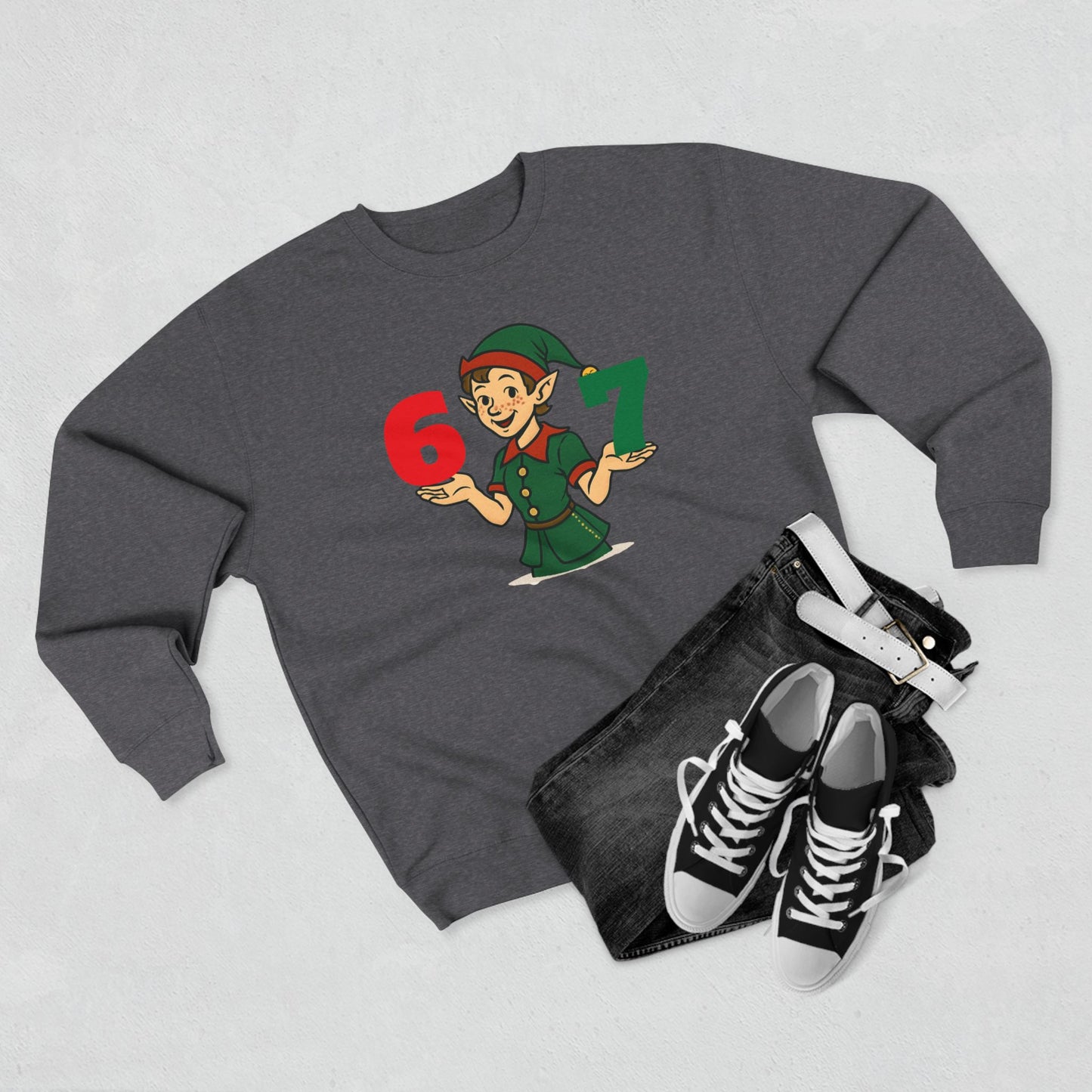 Elf Juggler six-seven  — Cute Holiday Elf Holding 6 & 7 Christmas Crewneck
