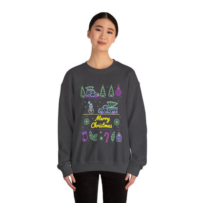 Christmas Crewneck Sweatshirt — Neon Holiday Tree "Merry Christmas" Design