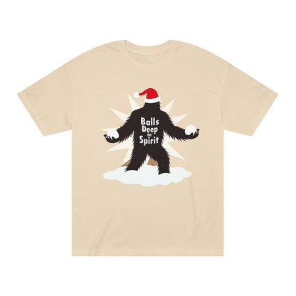 Bigfoot Holiday Tee — "Balls Deep Spirit" Funny Christmas Sasquatch T-Shirt