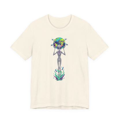 Alien Holding Earth Graphic Tee — Cosmic Sci‑Fi Alien Shirt