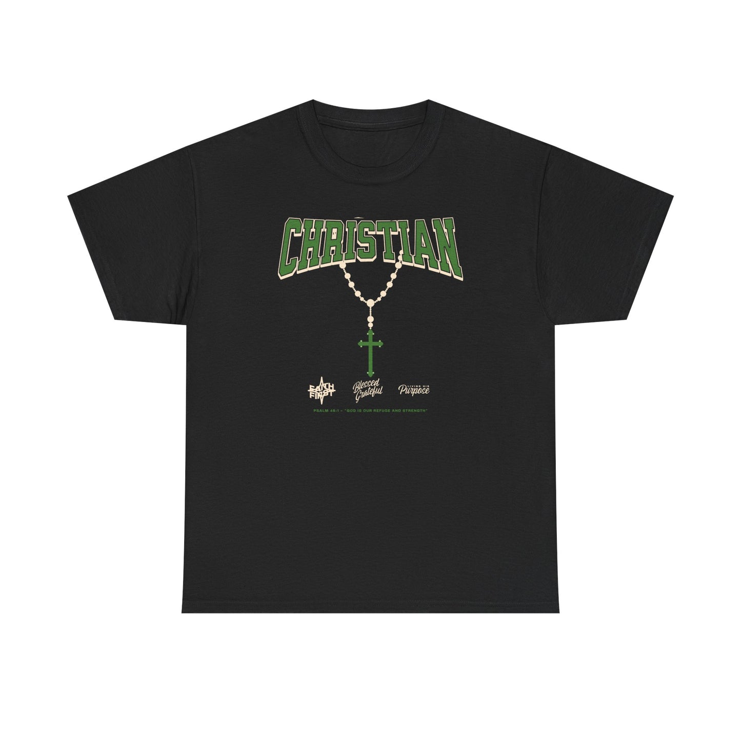 Christian Graphic Tee — Green Rosary Cross Shirt