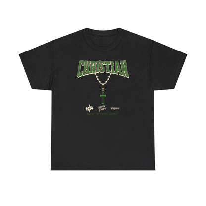 Christian Graphic Tee — Green Rosary Cross Shirt