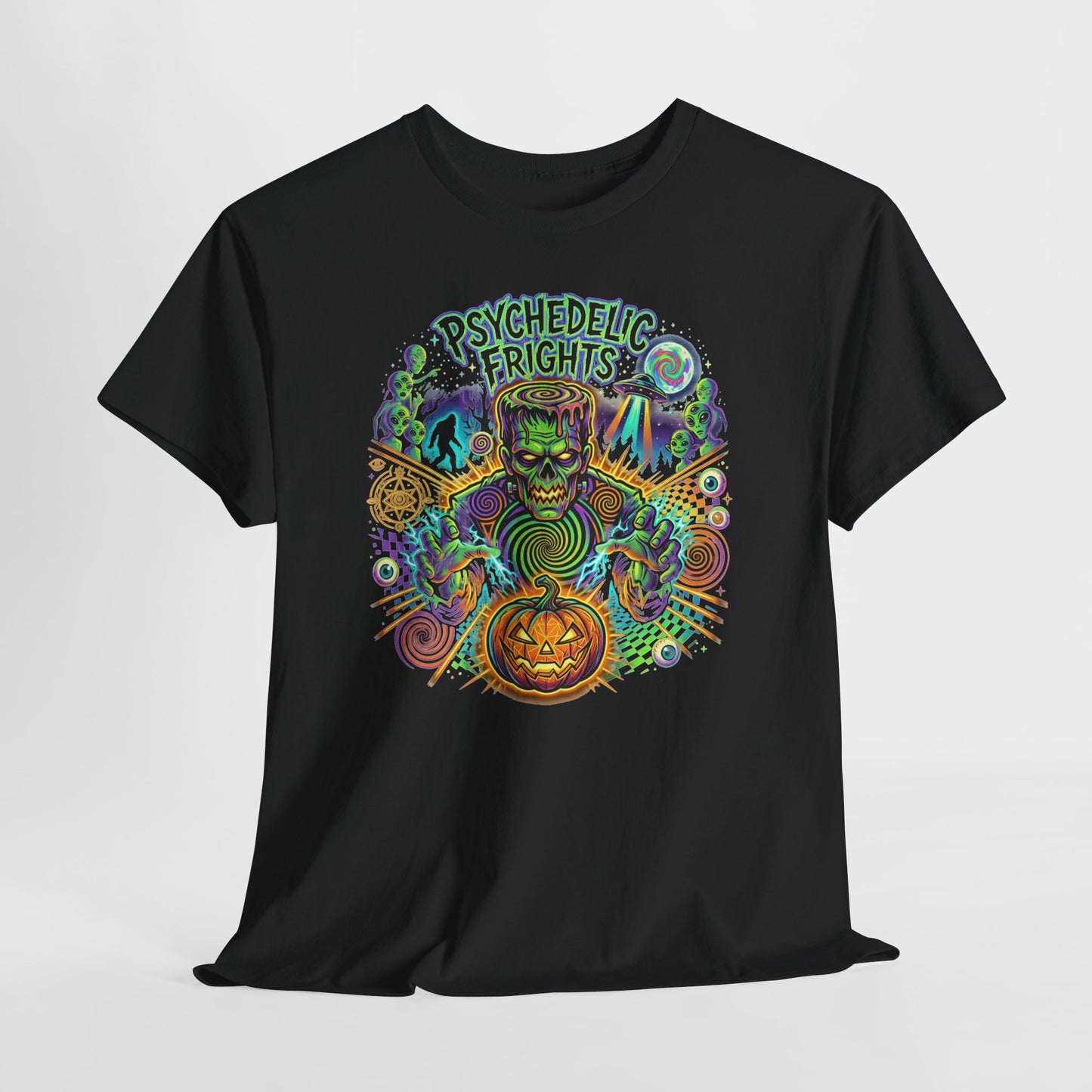 Psychedelic Monsters Halloween Tee — Spooky Pumpkin and Sasquatch Horror Graphic T-Shirt