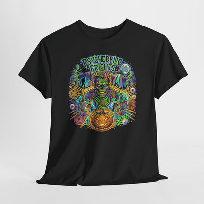 Psychedelic Monsters Halloween Tee — Spooky Pumpkin and Sasquatch Horror Graphic T-Shirt