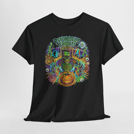 Psychedelic Monsters Halloween Tee — Spooky Pumpkin and Sasquatch Horror Graphic T-Shirt