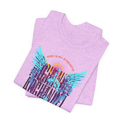 St. Gabriel Angel Tee — "God Is My Strength" Neon Graphic T-Shirt