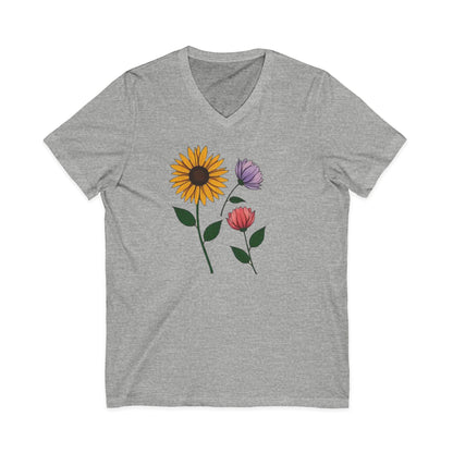 Floral Trio V-Neck Tee — Sunflower & Wildflower Botanical Graphic Shirt