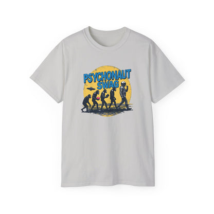 Psychonaut Evolution of Man Sunset, Unisex Tee, Retro Graphic T-Shirt, Music Festival Attire, Gift for Gamers, Casual Streetwear