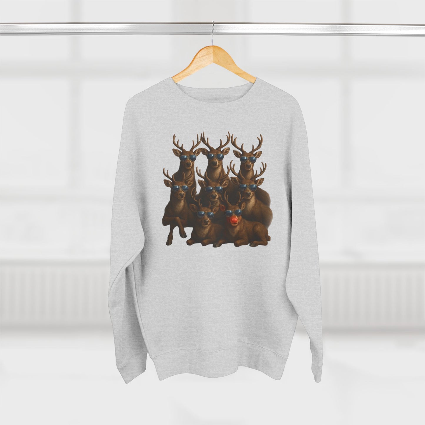 Cozy Reindeer Family Photo, Crewneck Sweatshirt — Rustic Holiday Wildlife Design