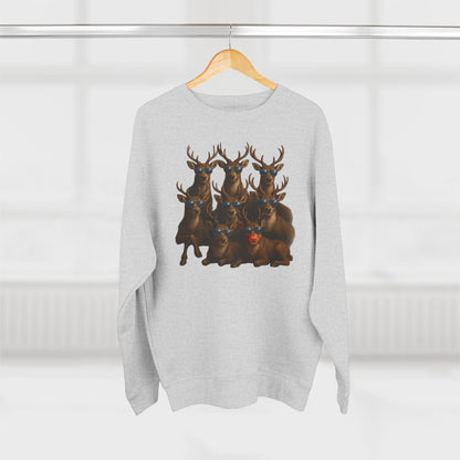 Cozy Reindeer Family Photo, Crewneck Sweatshirt — Rustic Holiday Wildlife Design