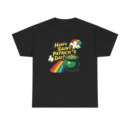 Saint Patrick's Day Tee — "Happy Saint Patrick's Day!" Pot of Gold Rainbow T-Shirt