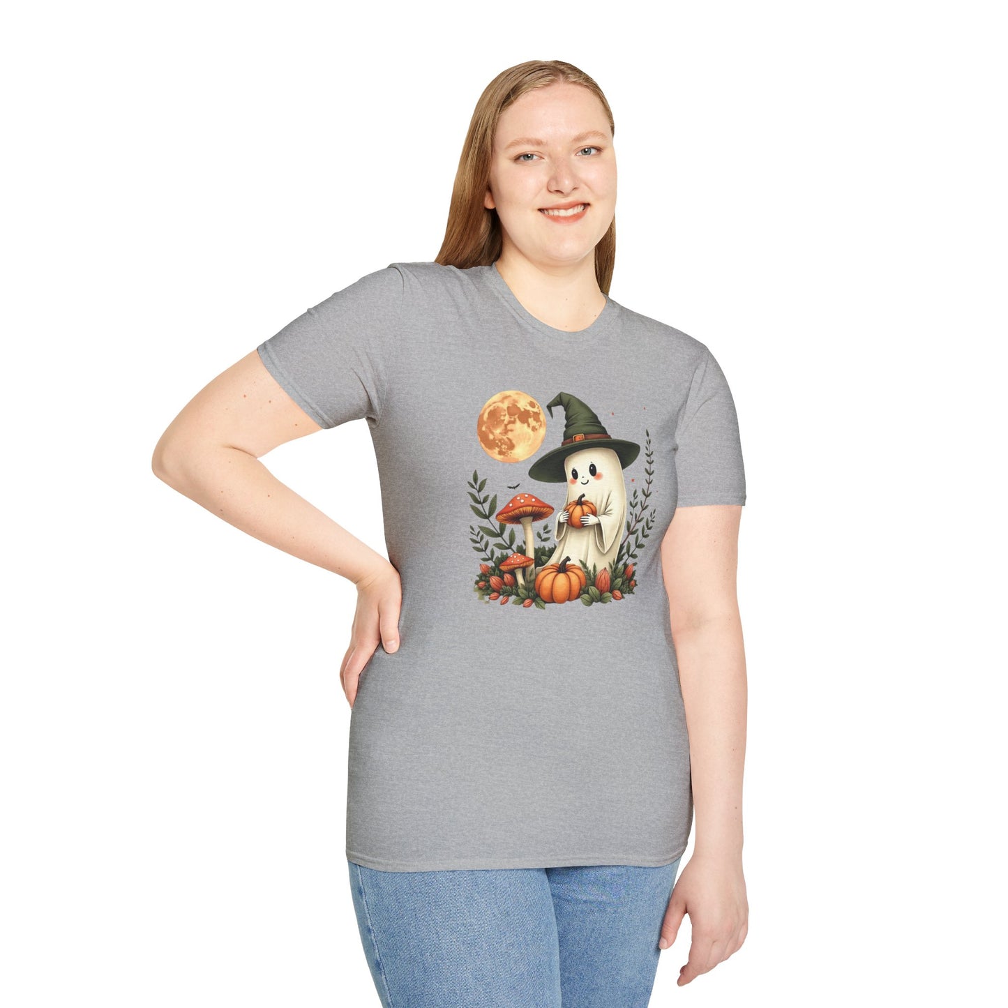 Ghost Witch T‑Shirt — Cute Halloween Moon, Pumpkin & Mushroom Design