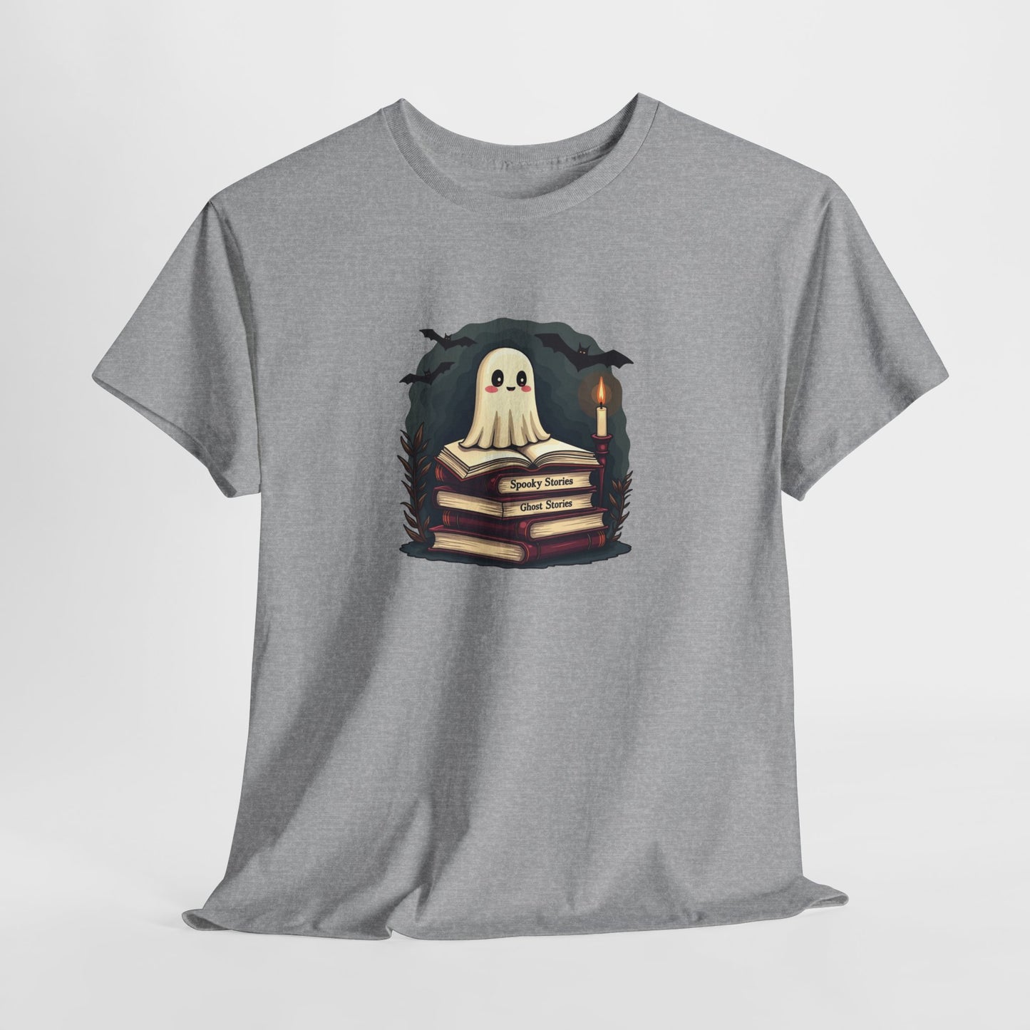 Ghost Reader T-Shirt — Cute Ghost on Stacked Books Halloween Tee