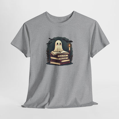 Ghost Reader T-Shirt — Cute Ghost on Stacked Books Halloween Tee