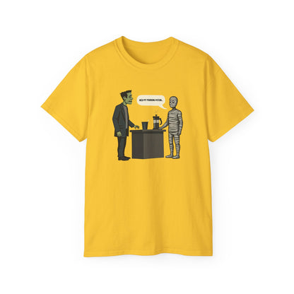 Funny Halloween Tee — Frankenstein & Mummy Coffee Joke Shirt