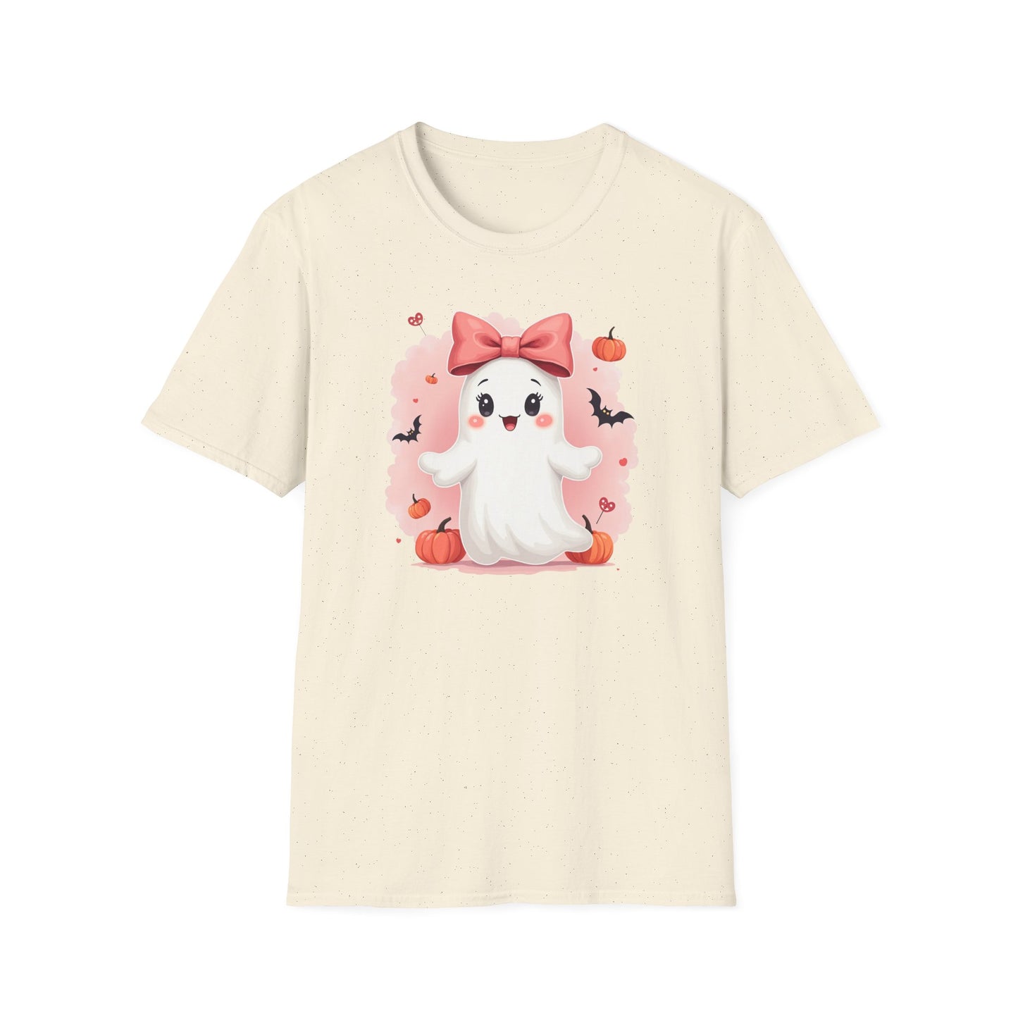 Cute Halloween Ghost T-Shirt — Pink Bow Ghost with Pumpkins & Bats