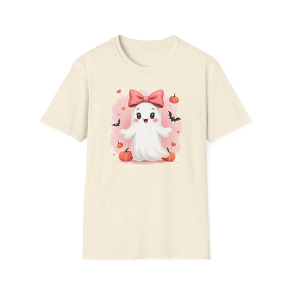 Cute Halloween Ghost T-Shirt — Pink Bow Ghost with Pumpkins & Bats