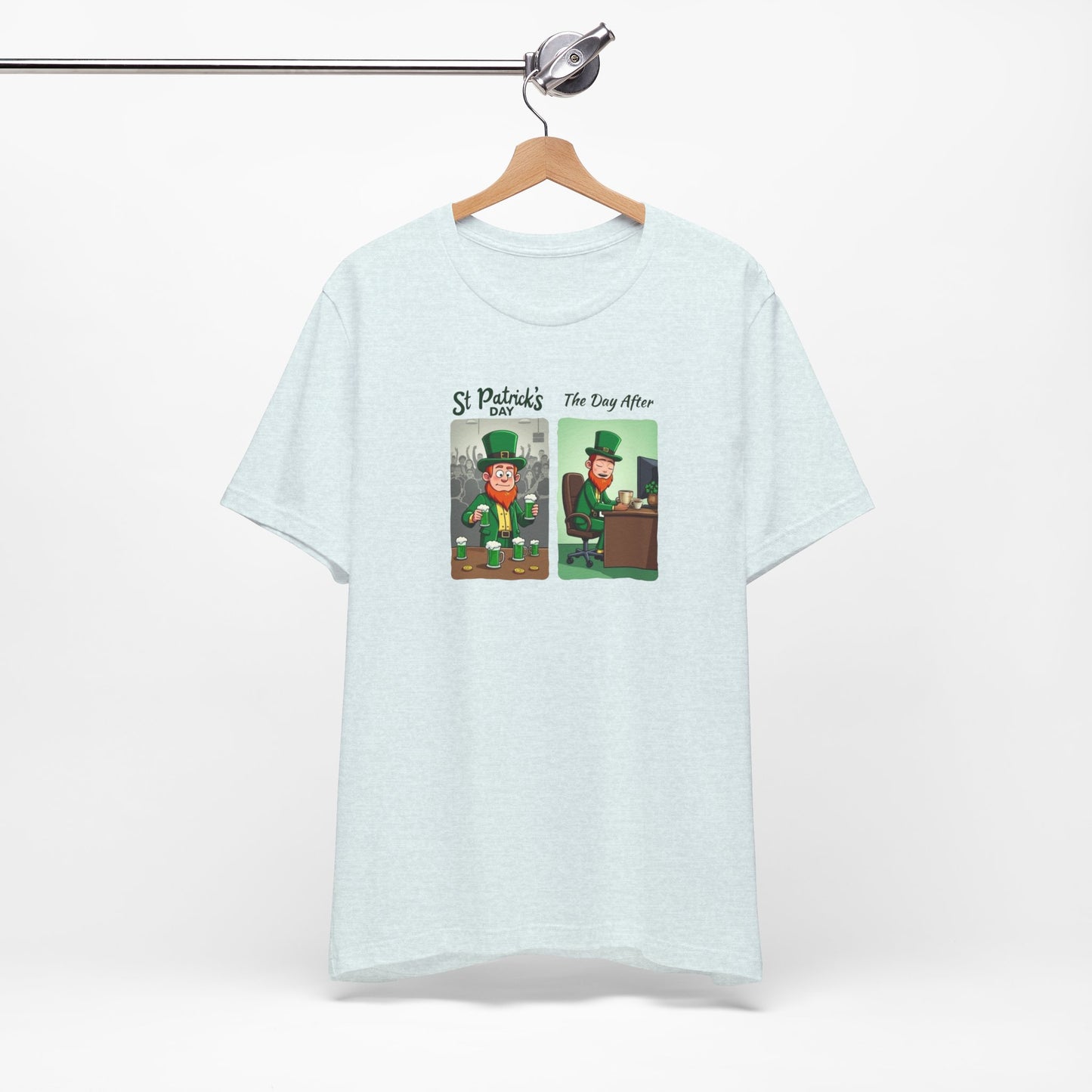 St. Patrick's Day Leprechaun Funny Cartoon T-Shirt — "St. Patrick's Day / The Day After" Tee