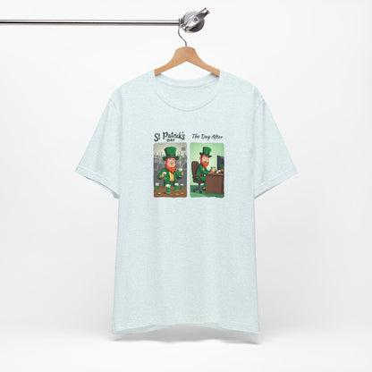 St. Patrick's Day Leprechaun Funny Cartoon T-Shirt — "St. Patrick's Day / The Day After" Tee