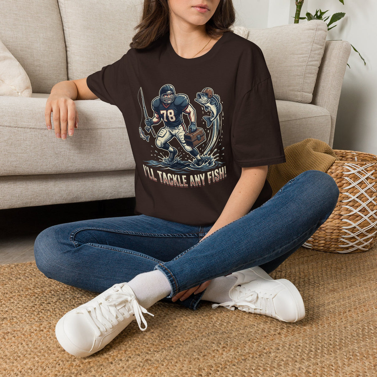 Football Fisherman T‑Shirt – Vintage Helmeted Player Catching Fish Graphic
