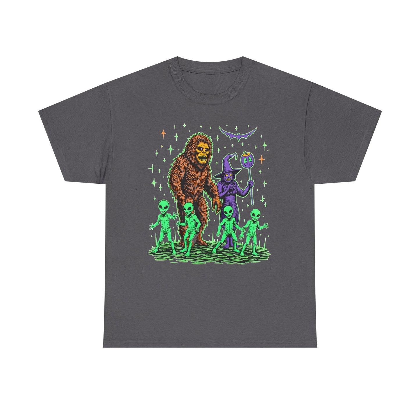 Bigfoot & Aliens Halloween Graphic Tee — Retro Neon Sci‑Fi Cryptid Shirt
