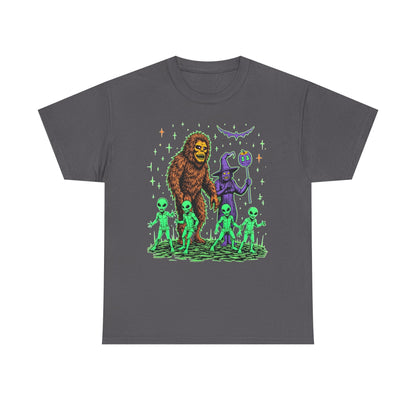 Bigfoot & Aliens Halloween Graphic Tee — Retro Neon Sci‑Fi Cryptid Shirt
