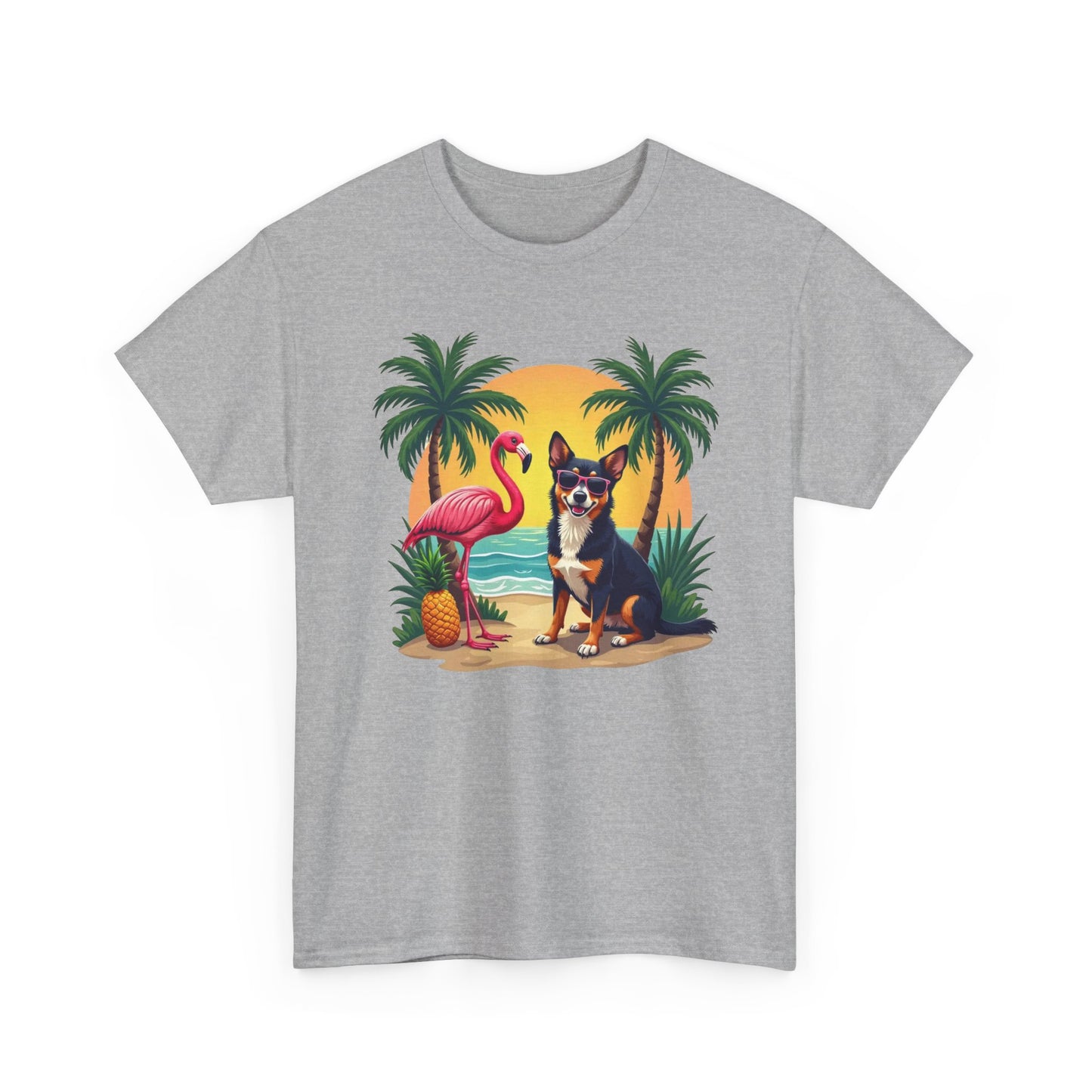 Dog Beach Sunset T-Shirt — Tropical Flamingo Palm Tee
