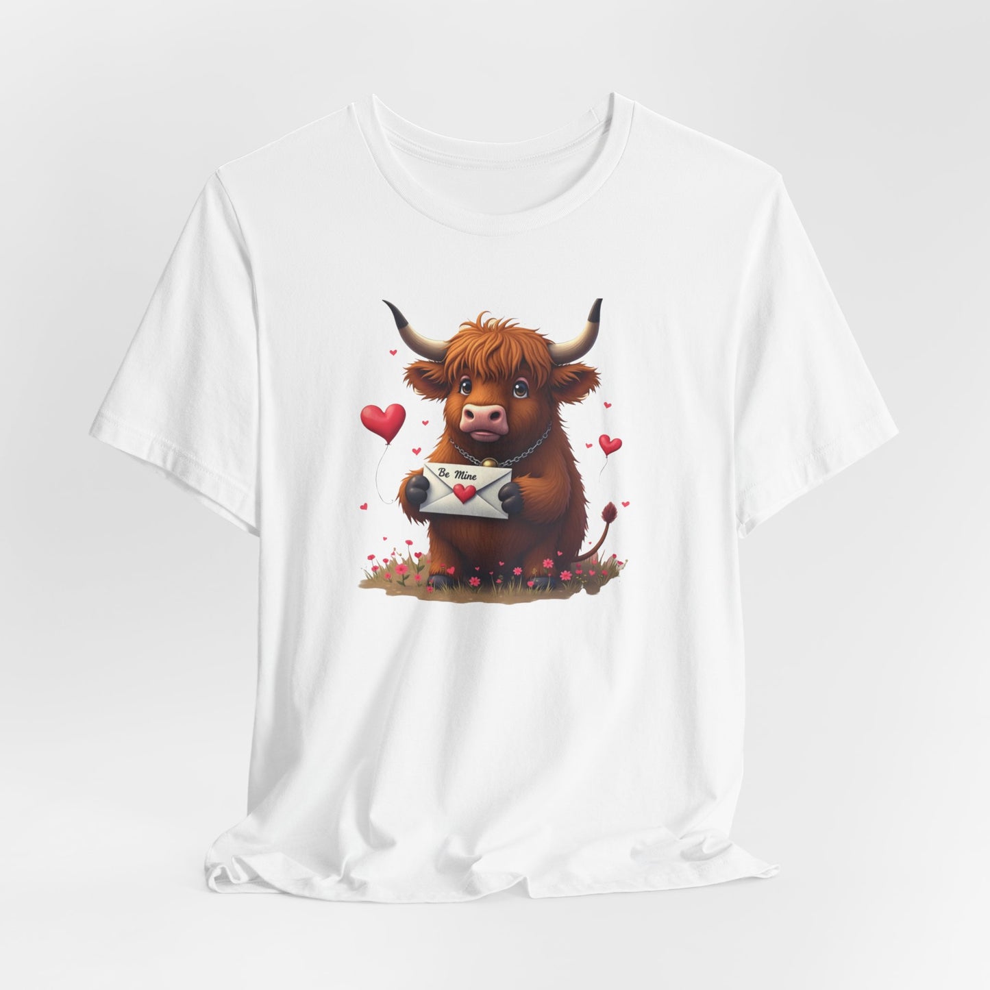 Valentine Highland Cow Tee — Cute Love Letter Bull Shirt