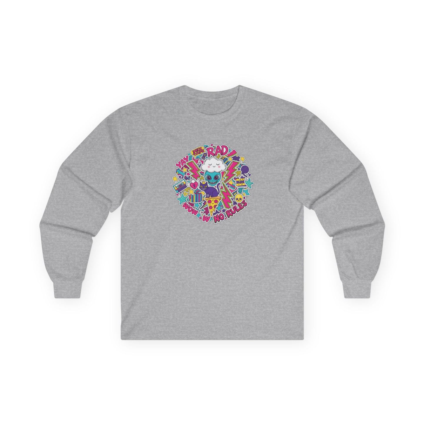 Retro Skate Cat Long Sleeve Tee — "Be Rad" Graphic