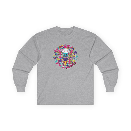 Retro Skate Cat Long Sleeve Tee — "Be Rad" Graphic