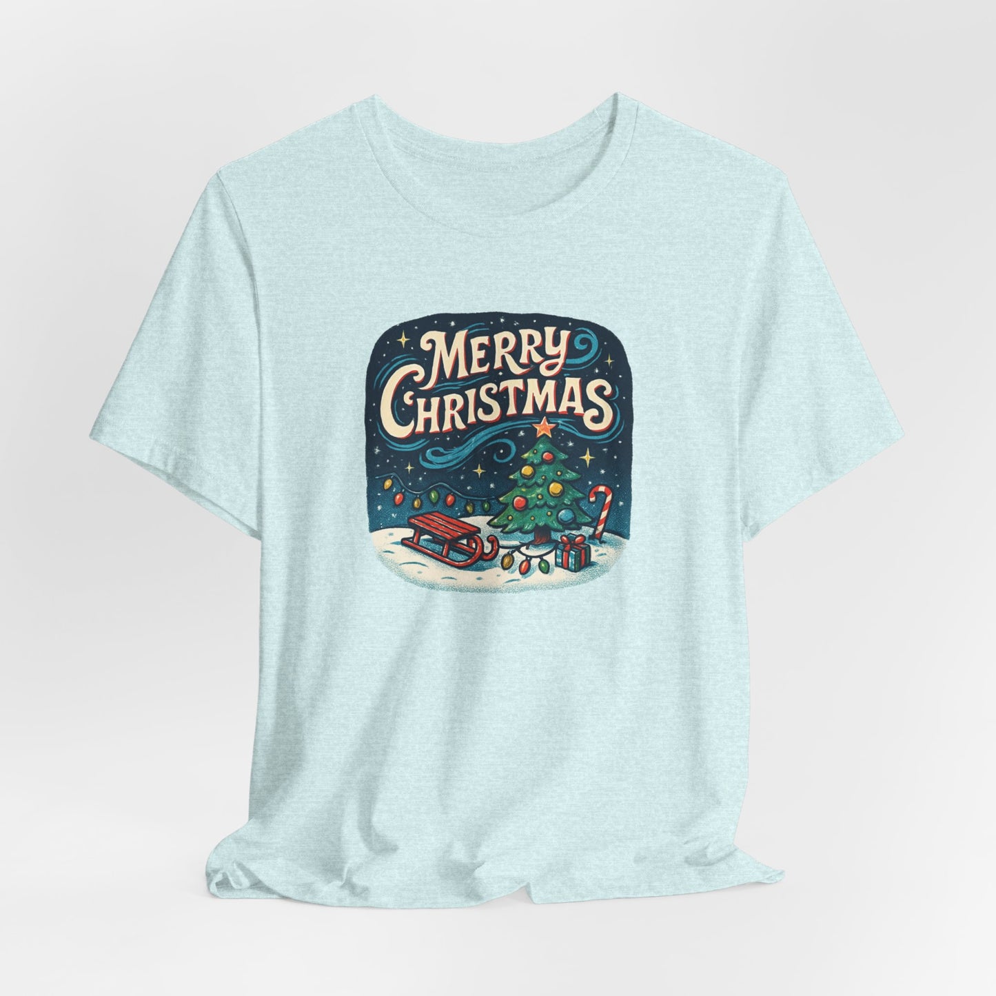 Merry Christmas Tee — Vintage Holiday Tree & Sled Graphic T-Shirt