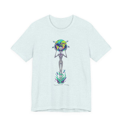 Alien Holding Earth Graphic Tee — Cosmic Sci‑Fi Alien Shirt