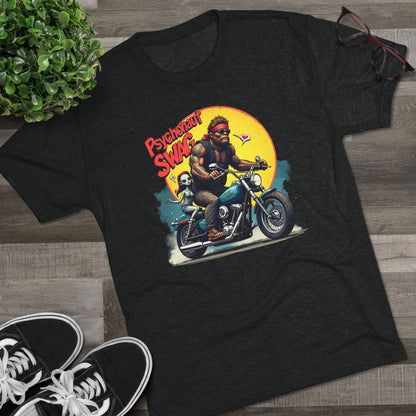 Psychonaut Swag Bigfoot on Motorcycle T-Shirt — Retro Biker Graphic Tee