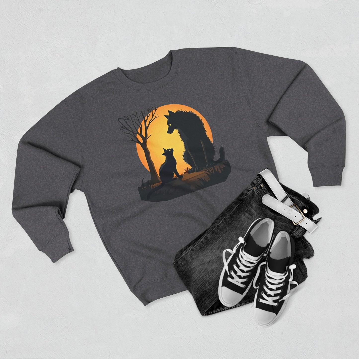Wolf and Cat Sunset Crewneck Sweatshirt