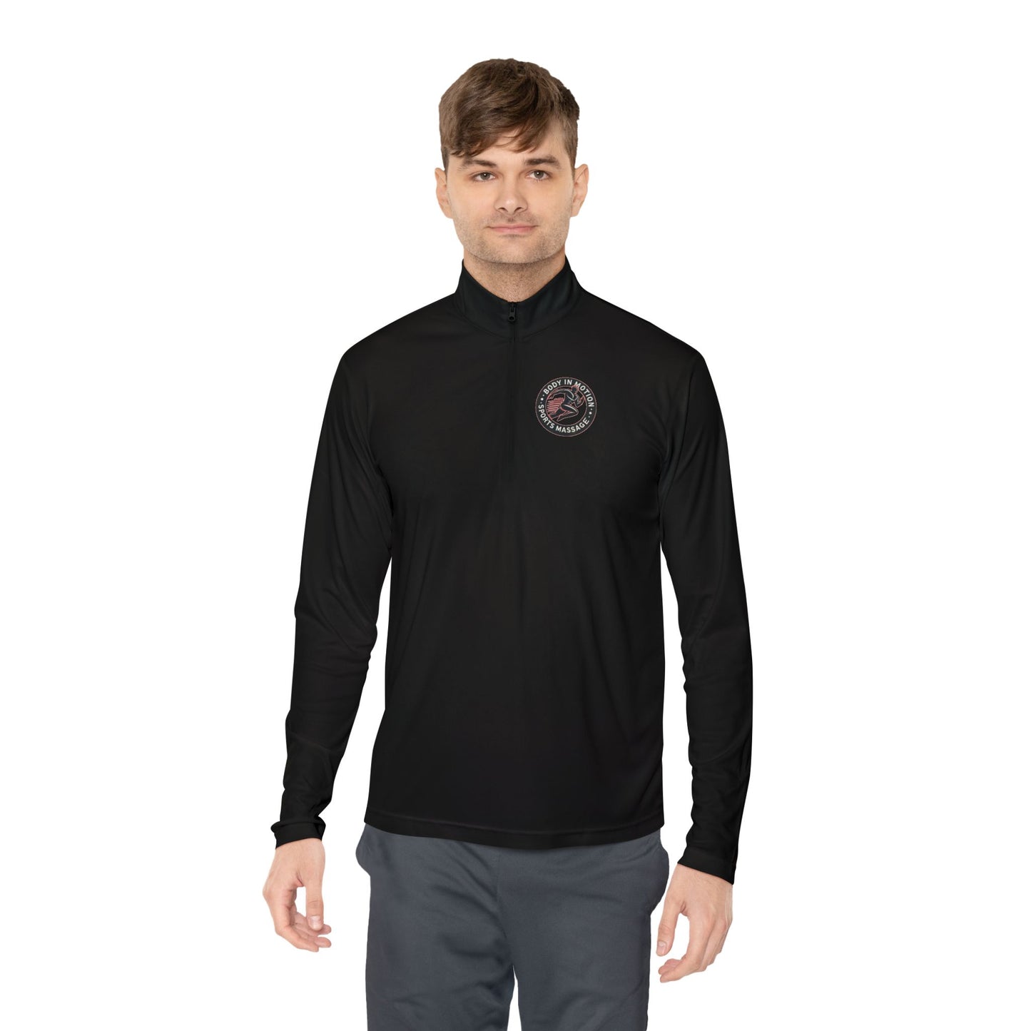 Sports Massage, Quarter-Zip Pullover — Vintage Fishing Badge Logo