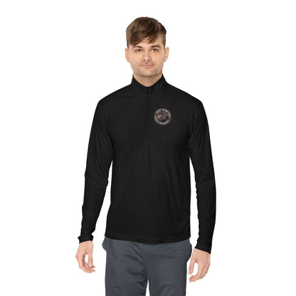 Sports Massage, Quarter-Zip Pullover — Vintage Fishing Badge Logo