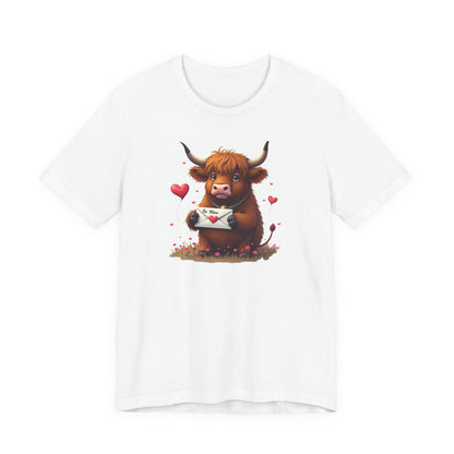 Valentine Highland Cow Tee — Cute Love Letter Bull Shirt