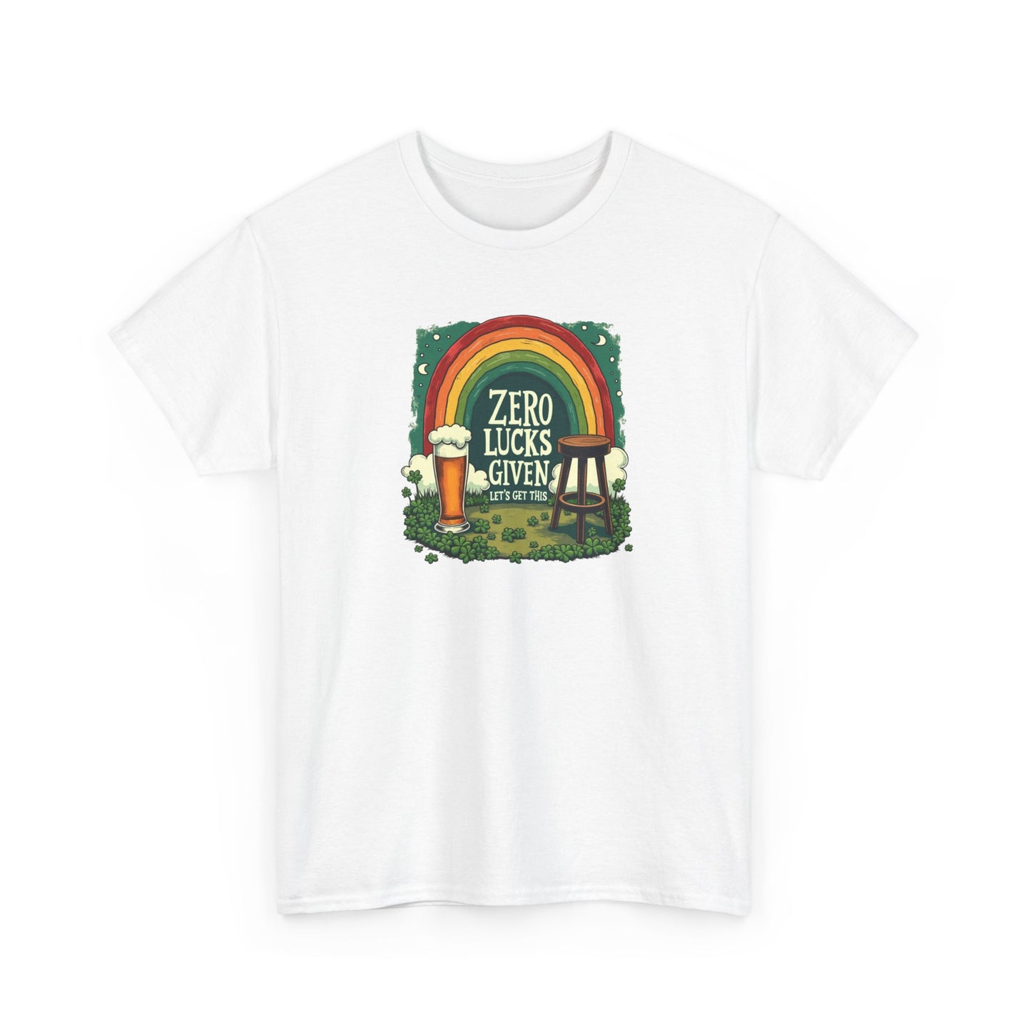 St. Patrick’s Day Tee — "Zero Lucks Given" Rainbow & Beer Graphic T-Shirt