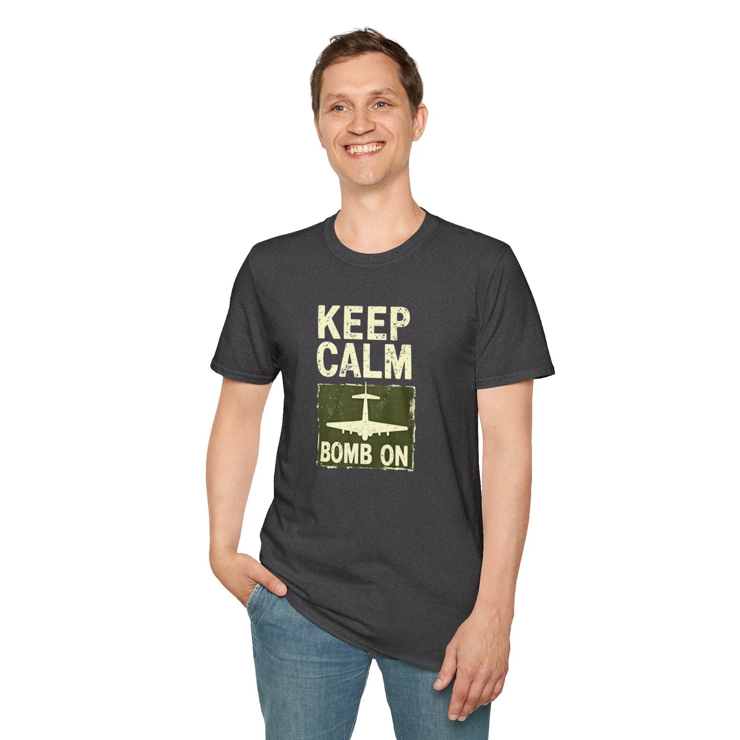 Keep Calm and Bomb On Unisex Softstyle T-Shirt, Casual Wear, Gift for Veterans, Military Humor, Comfortable Tees