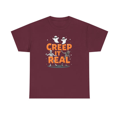 Creep It Real Unisex Heavy Cotton Tee, Halloween Shirt, Fall Apparel, Spooky Season, Ghost Theme, Unisex Casual Wear