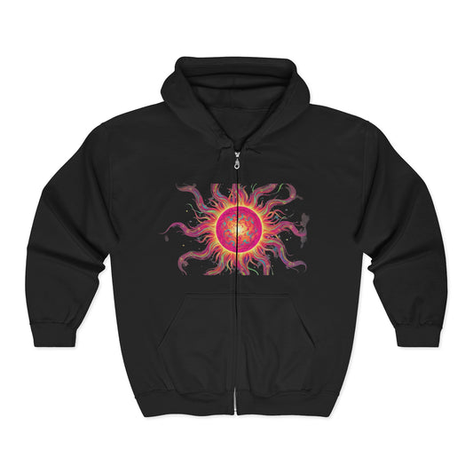 Sunburst Zip Hoodie — Vibrant Psychedelic Sun Graphic